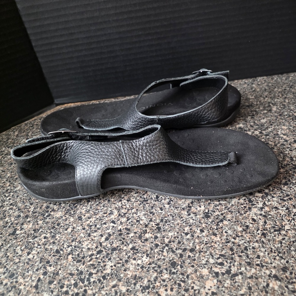 Vionic Terra Sandals Women Size 9 Black Leather Toe Post Orthotic Comfort - Picture 8 of 10